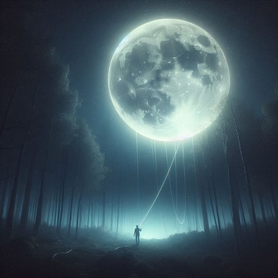 A person pulls a string to the moon in a dark wood