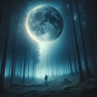 A person holds a large moon in a foggy forest