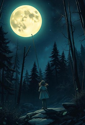 A girl reaches for the moon in a dark forest