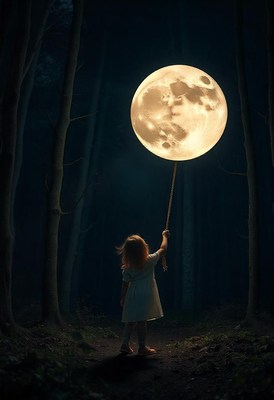 A girl holds a giant moon in the forest at night
