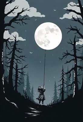 A young girl holds the moon on a string in a dark forest