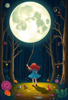 A girl holds a string tied to the moon in a forest