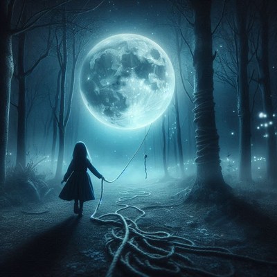 A girl in a dark dress walks through a forest