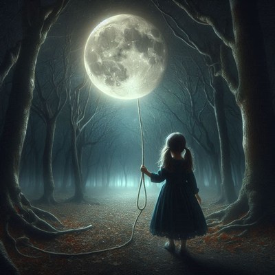 A girl holds a giant moon in a dark forest
