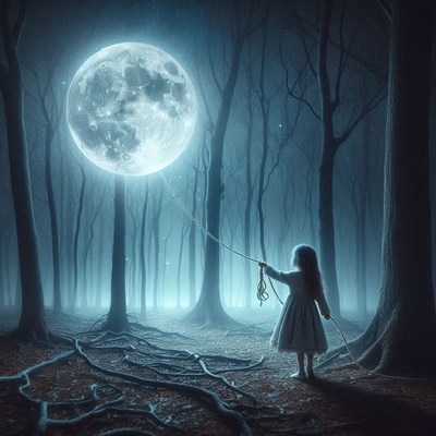 A girl holds a string attached to the moon in a dark forest