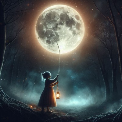 A girl holds a rope attached to the moon in a forest