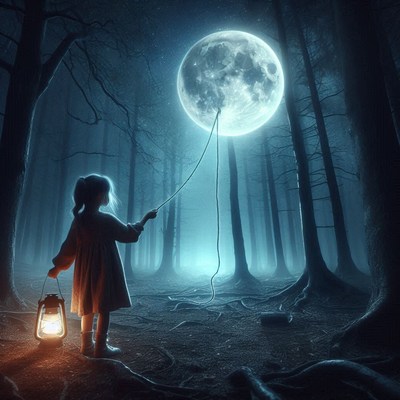 Girl with a lantern and string to the moon in woods