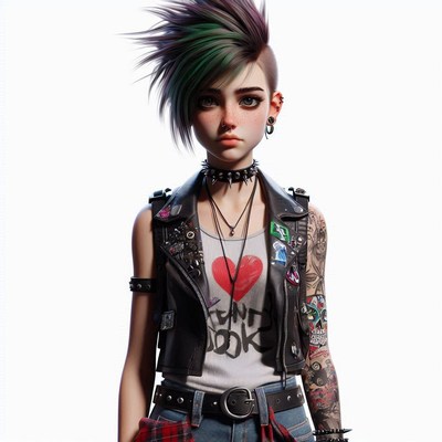 Punk girl with green hair poses on white background