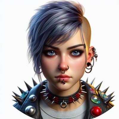 A woman with blue hair gazes intensely at the camera