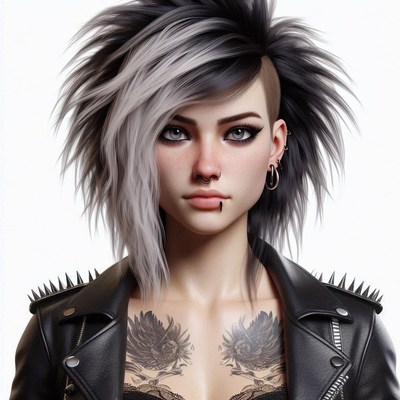 Woman with a black and grey mohawk gazes at camera