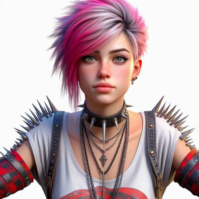 A woman with pink hair looks directly at the camera