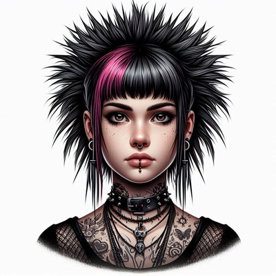 Woman with a pink and black mohawk gazes fiercely
