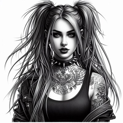 Tattooed woman with piercings stares at camera