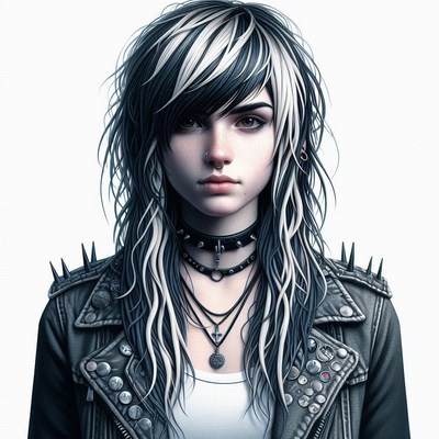 Young woman in leather jacket, black and white hair