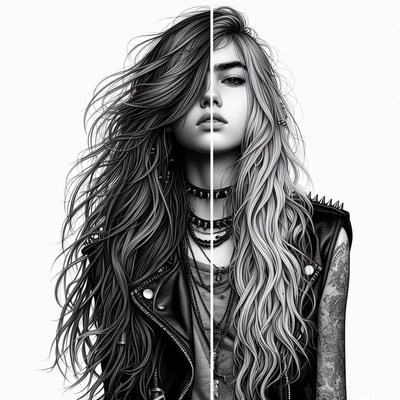 A black and white drawing of a woman with long hair