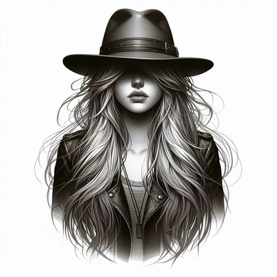 A woman in a leather jacket covers her eyes with hair