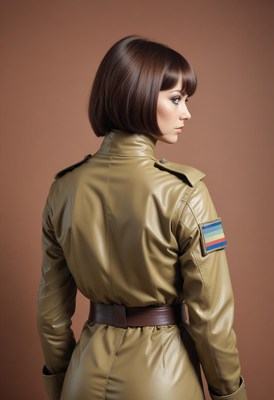 A woman in a brown jumpsuit looks over her shoulder