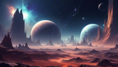 Starry night on a distant planet with tall rocks