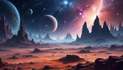 The image depicts a red desert landscape under a dark sky