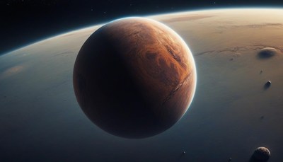 A large red planet with distant moons visible