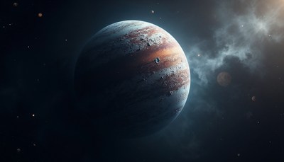 A large gas giant planet with red stripes and craters