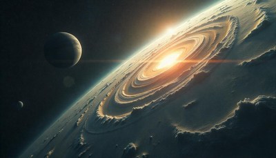 A distant planet with a bright, swirling core