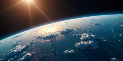 The sun shines brightly over earth's horizon