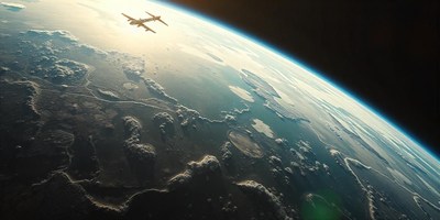 A plane flies over earth, captured from space