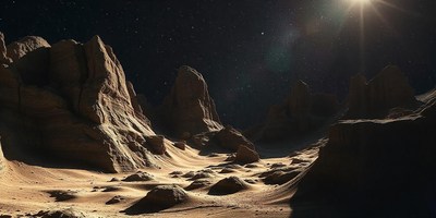 A distant planet's rocky surface gleams under a bright star