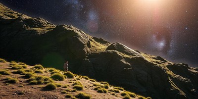 A figure gazes at the starry sky from a hill