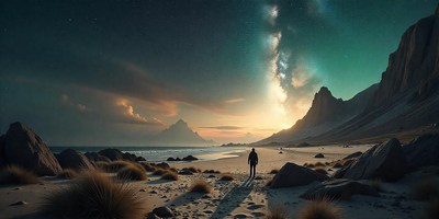 A figure walks a sandy beach, mountains behind