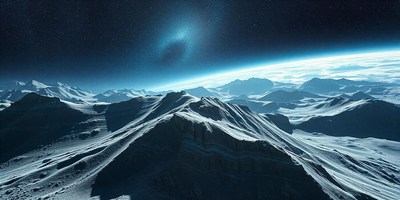 A snowy mountain range stretches across a distant planet