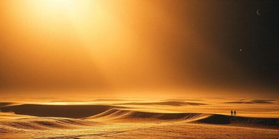 Two figures stand on a sand dune in the desert at sunset