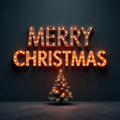 Merry christmas sign with a small tree