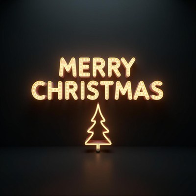 A lit sign wishes merry christmas with a simple tree