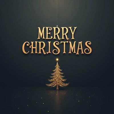 Gold tree hangs from 'merry christmas' on black