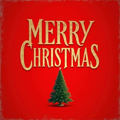 Red background with merry christmas and a tree