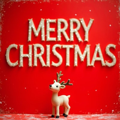 White reindeer by a red merry christmas sign