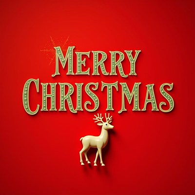 Merry christmas with a white reindeer on a red background