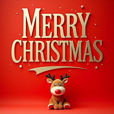 Plush reindeer before a red merry christmas sign