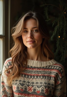 A woman smiles while wearing a patterned sweater