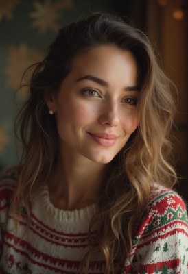 A woman smiles while wearing a festive sweater