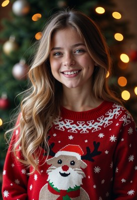 A woman smiles in a reindeer sweater near a christmas tree