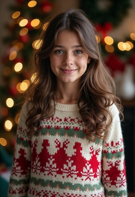 A woman smiles in a christmas sweater