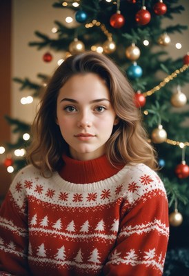 Woman in festive sweater smiles by christmas tree