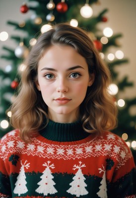 Young woman in christmas sweater by decorated tree