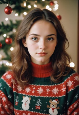 Woman in festive sweater by christmas tree