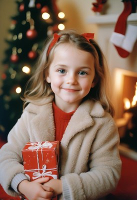 Girl smiles with a christmas gift by the tree