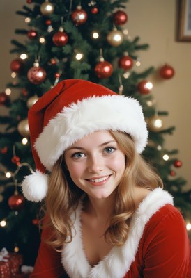 A woman wearing a santa hat smiles near a christmas tree