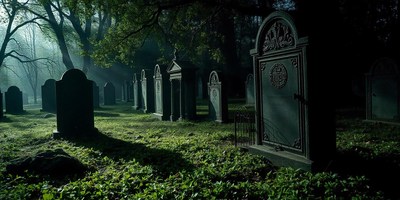 A row of headstones in a cemetery on a misty morning